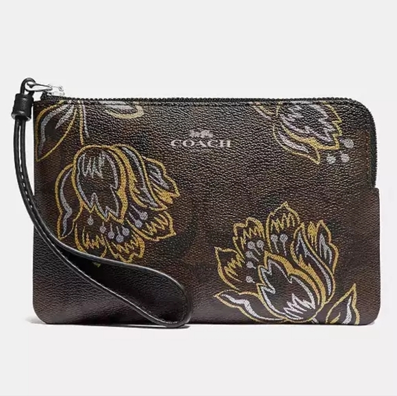 Coach Corner Zip Wristlet In Signature Canvas With Tulip Print NWOT 6.25×4×0.25